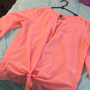 Coral button down top with ties on bottom